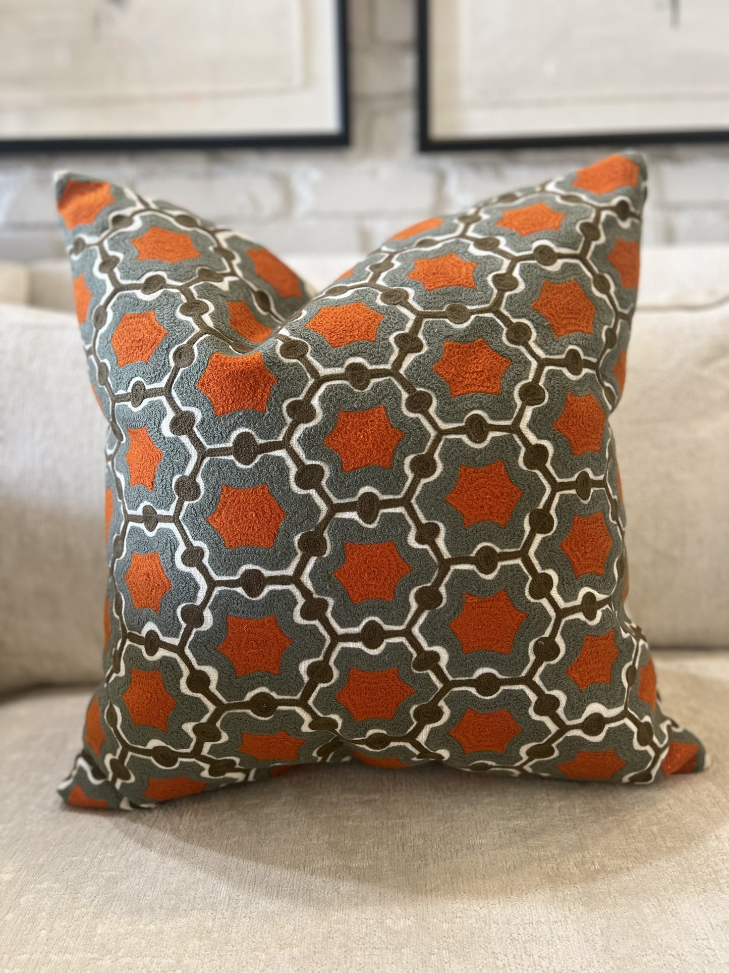 Gems Crewel Pillow - Orange/Moss