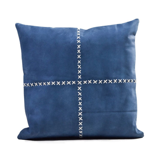 Harley Blue Cowhide Pillow with White Crosstitch