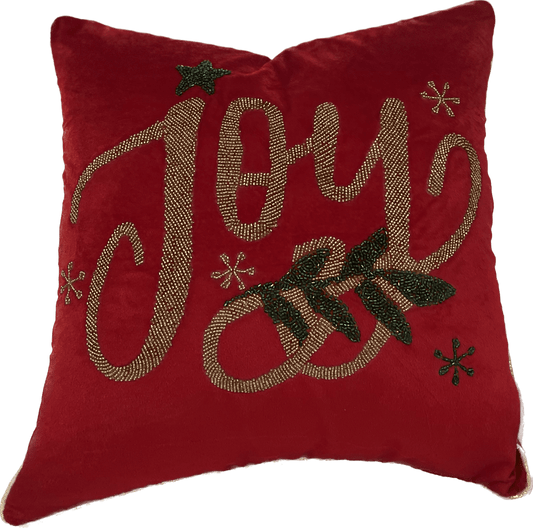 Holiday Velvet Joy Hand Beaded Pillow - Red