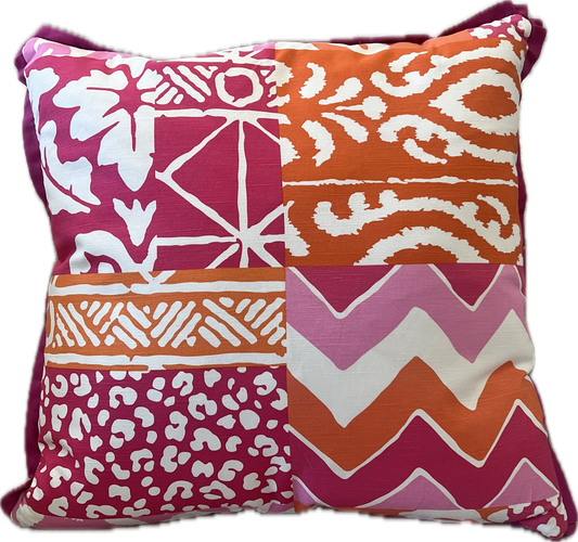 Parish Patch Printed Linen Pillow- Fuschia and Tangerine