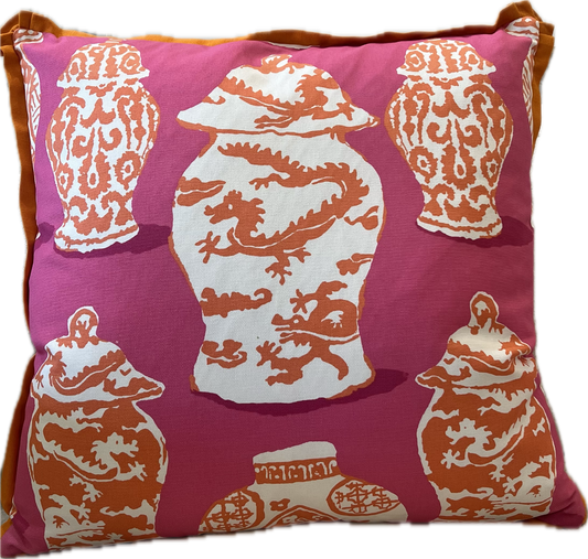 Dragon Urn Printed Linen Pillow in Fuschia and Tangerine