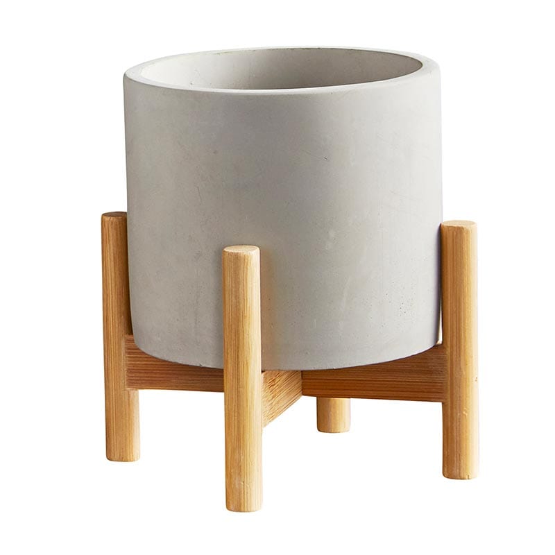 Round Cement Pot on Wood Stand