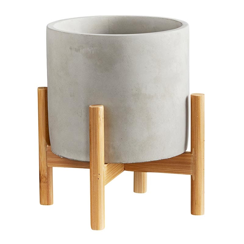 Round Cement Pot on Wood Stand