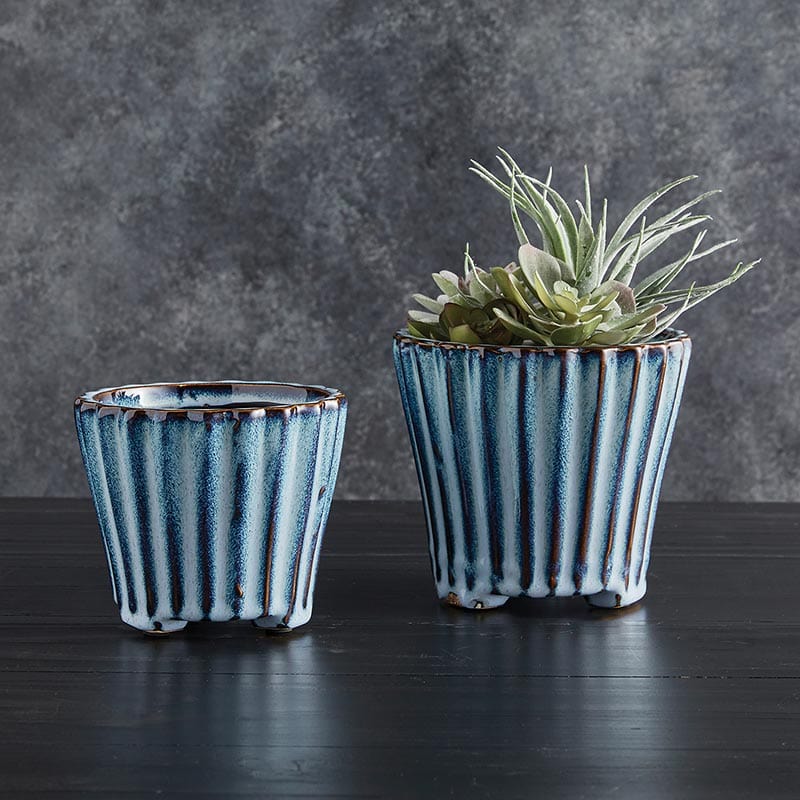 Blue Textured Ceramic Pot with Feet